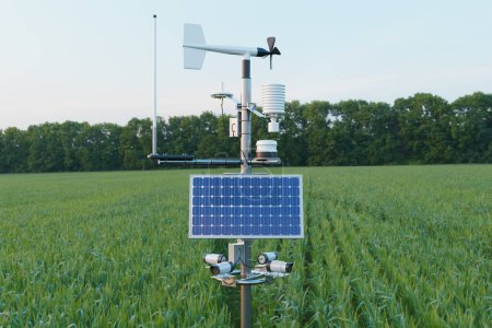 Téléchargez les photos : Station météorologique dans le champ d'herbe, technologie 5G avec concept d'agriculture intelligente - en image libre de droit