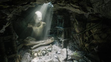 Photo for Ancient statues with light ray in the cave, 3d render - Royalty Free Image