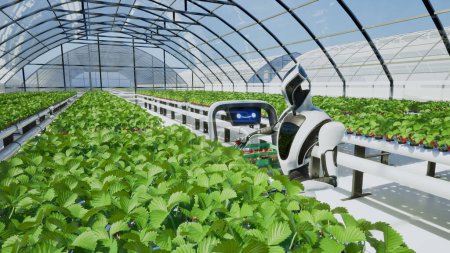 Photo for Artificial intelligence robot harvesting strawberry in the greenhouse, 3d render - Royalty Free Image