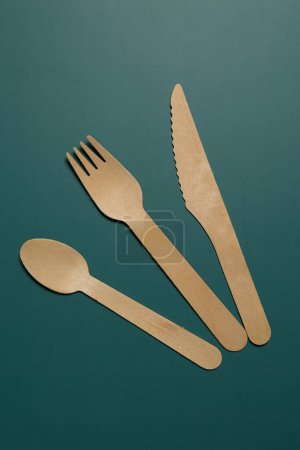 Téléchargez les photos : Wooden biodegradable single use utensils on a green background - en image libre de droit