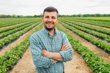 portrait of a modern bearded farmer man with crossed arms looking at camera stands in the agricultural field, Cheerful male worker in agricultural farm. Agriculture farming.