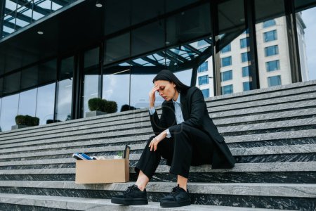 woman sitting on steps, lost in thought about her jobless situation and the difficulty of finding work after dismissal. A visual representation of job loss and worklessness