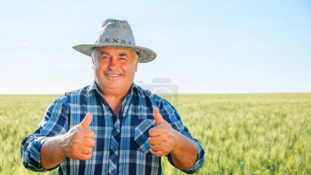 Positive ältere männliche Arbeiter blicken mit erhobenem Daumen in die Kamera, während sie auf einem Feld mit grünen Pflanzen in der Landschaft stehen