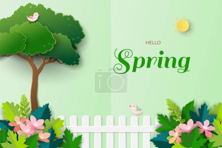 Téléchargez les illustrations : Art du papier de Hello Spring avec des oiseaux mignons heureux sur le jardin de printemps, illustration vectorielle - en licence libre de droit