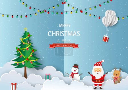 Frohe Weihnachten und ein gutes neues Jahr Grußkarte, Winterlandschaft mit niedlichen Cartoon Weihnachtsmann und Freunde feiern Party in der Winternacht, Vektor-Illustration