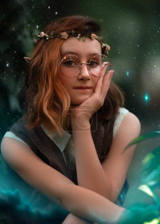 Foto de Chica elfa de fantasía en gafas en el bosque de hadas. Hada pelirroja. Verano naturaleza bosque árbol verde. Pelo rojo, orejas de elfo puntiagudas. - Imagen libre de derechos