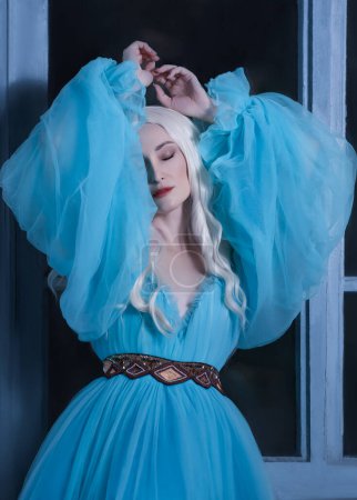 Foto de Hermosa mujer con un elegante peinado rizado. Princesa. Un lujoso vestido azul con un tren largo - Imagen libre de derechos