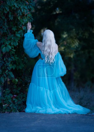 Foto de Un lujoso vestido azul con un tren largo revolotea en el viento. Foto de la parte posterior sin rostro. - Imagen libre de derechos