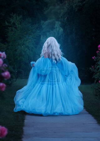 Foto de Un lujoso vestido azul con un tren largo revolotea en el viento. Foto de la parte posterior sin rostro. - Imagen libre de derechos