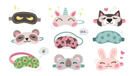 Illustration for Kids sleeping masks set. Cute animals faces masks - koala, unicorn, ninja, bunny, panda, husky dog. Colorful vector illustration. Relaxation in travel collection. - Royalty Free Image