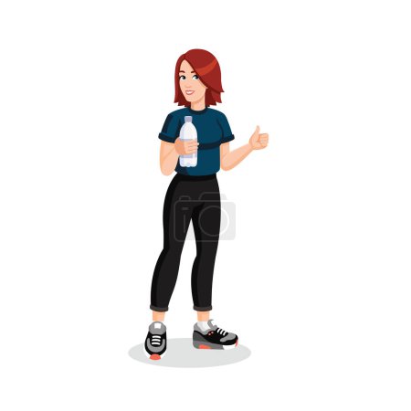 Illustration for Young beautiful woman holding bottle of water. Female sporty character with water bottle showing thumbs up. Drink more water concept. Sports training. Jogging in the morning. Flat vector illustration. - Royalty Free Image