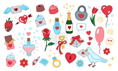 Illustration for Set of cute vector love illustrations. Valentines day collection. Design elements for valentines day. Romantic doodle vector icons pack. Hand drawn, freehand cartoon style. - Royalty Free Image