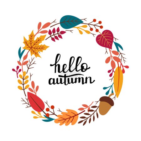 Marco redondo decorativo de otoño, plantilla con elementos otoñales - hojas, ramitas, bellota, bayas y letras HELLO AUTUMN. Ilustración dibujada a mano vectorial en estilo Doodle.