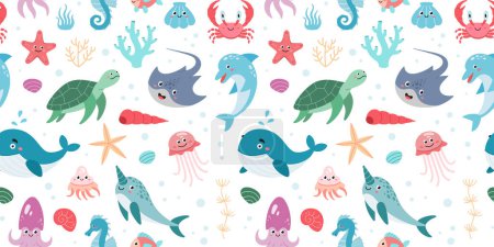 Hand drawn ocean creatures seamless pattern. Cartoon Sea animals. Vector doodle style sea animals for design. Vector illustration isolated on white background. Sea life pattern.