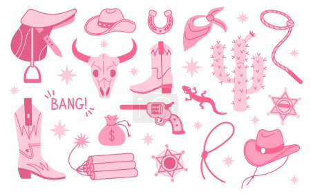 Illustration for Cowboy Pink core fashion elements collection. Cowgirl boots, hat, horseshoe, cactus and lettering. Cowboy western and wild west theme set. Hand drawn vector illustration. Doodle icons - Royalty Free Image