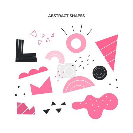 Illustration for Abstract geometric shapes Collection. Vector Hand drawn various shapes and doodle objects for design. Abstract contemporary modern style. Trendy colorful illustration. Stamp texture. Pink core style - Royalty Free Image