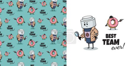 Illustration for Coffee cup and Donut detectives. Postcard with Coffee cup, Doughnut and seamless pattern, lettering. Cartoon print. Kids design for pajamas. Vector illustration. The best team ever - Royalty Free Image