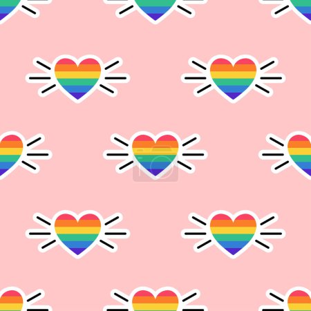 Nahtloses Muster mit Herz in den Farben der LGBT-Flagge. Regenbogenfarbenes Herz. LGBT-Aufkleber im Doodle-Stil. LGBTQ, LGBT Stolz Community Symbol. Vektorillustration.