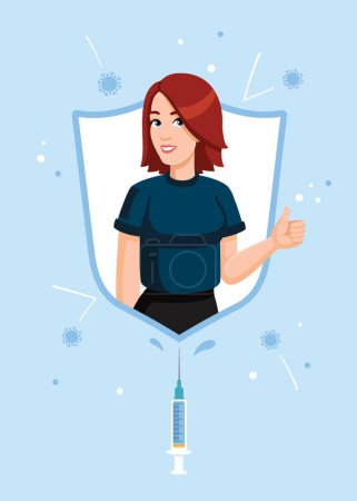 The vaccinated woman is protected from infection, virus, flu, influenza by an immunity shield. Power of vaccination concept. Vaccinated girl, people. Vector illustration, flat style.