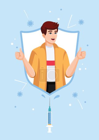 The vaccinated man, boy is protected from infection, virus, flu, influenza by an immunity shield. Power of vaccination concept. Vaccinated person, people. Vector illustration, flat style.