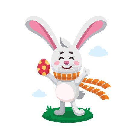 Ilustración de Conejo de Pascua, conejo, liebre vistiendo bufanda naranja muestra Pulgar hacia arriba signo, huevo pintado. Ilustración digital vectorial. Diseño plano. Estilo de dibujos animados. Carácter pascual, mascota. Concepto de caza del huevo - Imagen libre de derechos