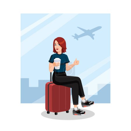 Junge Frau mit Kaffeetasse auf Koffer sitzend und Daumen hoch am Flughafen vor dem Abflug. Reisekonzept, flaches Design, Cartoon-Stil. Vektorillustration