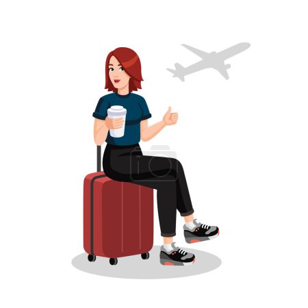 Junge Frau mit Kaffeetasse auf Koffer sitzend und Daumen hoch am Flughafen vor dem Abflug. Reisekonzept, flaches Design, Cartoon-Stil. Vektorillustration
