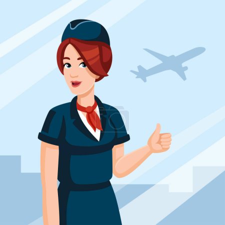 Junge Stewardess zeigt vor dem Flug Daumen hoch am Flughafen. Reisekonzept, flaches Design, Cartoon-Stil. Vektorillustration. Stewardess in Airline-Uniform.