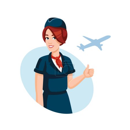 Junge lächelnde Stewardess zeigt Daumen hoch. Reisen, Flugreisen, Konzept der Fluggesellschaften, flaches Design, Cartoon-Stil. Vektorillustration. Stewardess in Airline-Uniform.