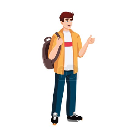 Junger Mann mit Rucksack, Daumen hoch. Reisekonzept, flaches Design, Cartoon-Stil. Vektor-Illustration isoliert auf weißem Hintergrund.