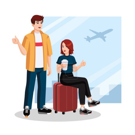 Junges Paar mit Koffer, Rucksack, Daumen hoch am Flughafen vor dem Abflug. Reisekonzept, flaches Design, Cartoon-Stil. . Menschen, die am Flughafen warten. Vektorillustration