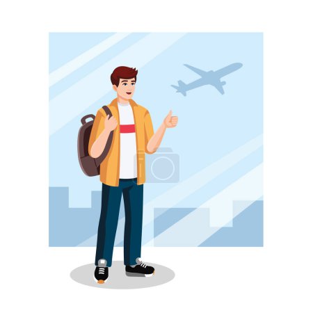 Junger Mann mit Rucksack, der vor dem Abflug am Flughafen Daumen nach oben zeigt. Reisekonzept, flaches Design, Cartoon-Stil. Vektorillustration