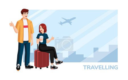 Young couple with suitcase, backpack showing thumbs up at the airport before flight. Travelling concept, flat design, cartoon style. People waiting in airport. Vector illustration