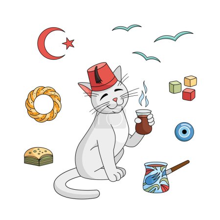 Turkish attributes set - Cezve, tea cup, baklava, bagel, star and crescent, angora cat, delight, amulet, seagull, fez. Vector collection. Turkish angora cat character with Turkish cup of tea.