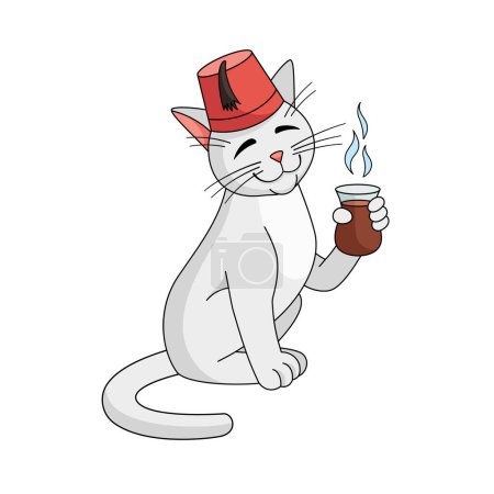 Turkish angora cat character with Turkish cup of tea. Vector illustration isolated on white background. Cat in a fez enjoys tea.