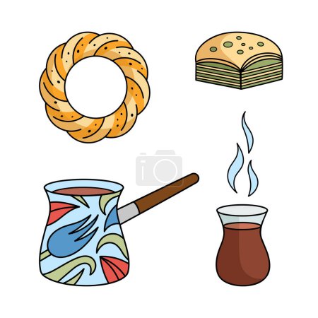 Turkish attributes elements set - Coffee Cezve, tulip shaped tea cup, baklava, bagel. Vector collection. Vector traditional elements of Turkish culture.