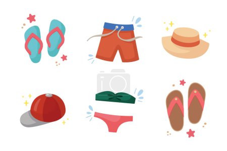 Clothes and shoes for beach holidays. Summer Set. Cute beachwear icons collection. Summertime clothes elements. Cartoon vector illustration. Flat design. Beach accessory.