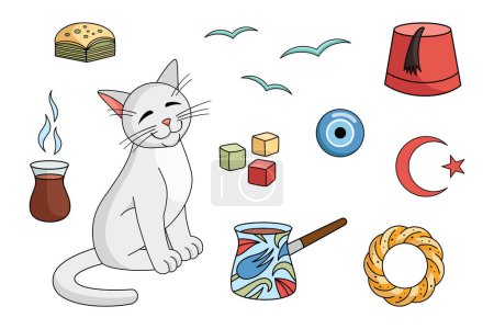 Turkish culture elements set - Cezve, tea cup, baklava, bagel, star and crescent, angora cat, delight, amulet, seagull, fez. Vector collection. Turkish angora cat character with Turkish cup of tea.
