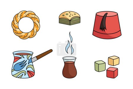 Set de elementos tradicionales turcos para fiestas de té: café cezve, taza de té, baklava, bagel de sésamo, estrella y media luna, deleite, fez. Colección vectorial aislada en blanco.