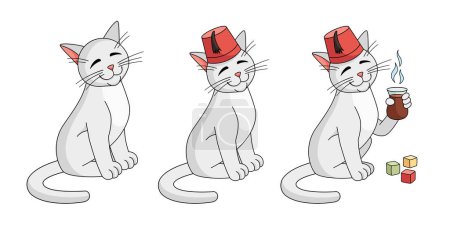 Turkish angora set. Turkish angora cat wearing red fez with Turkish tulip cup of tea. Vector illustration isolated on white. Cat in a fez enjoys tea. Transformation of cat into Turkish cat