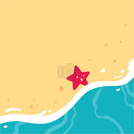 Copy space Sandy beach with sea wave and starfish. Summer banner template, summertime background. Summer design template, vector illustration. Vacation concept