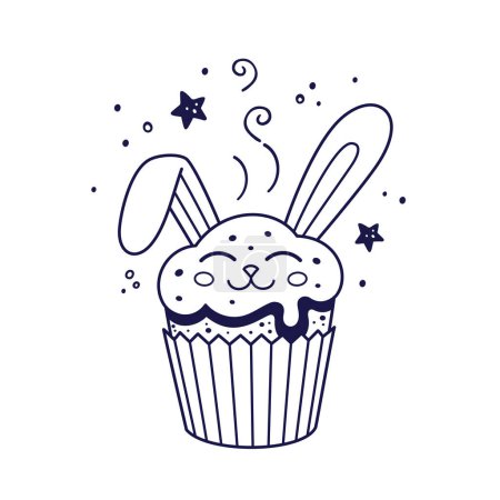 Illustration for Easter cake with cream rabbit ear in cartoon style. Easter pastry with bunny ears. Doodle style. Hand drawn line art illustration isolated on white background. Kids Coloring book. - Royalty Free Image