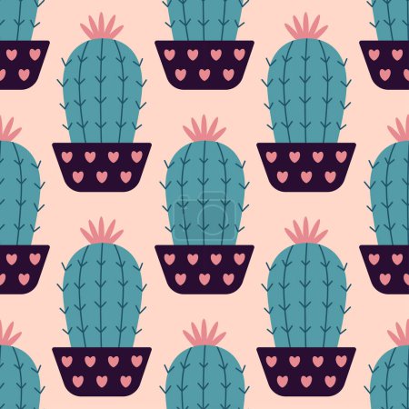 Ilustración de Lindos cactus en estilo boho. Patrón sin costuras de cactus. Patrón boho de moda. Diseño de estampado de tela Cacti. Textil suculento. Diseño plano, estilo garabato, fondo de pelusa de melocotón - Imagen libre de derechos