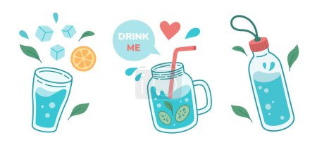 Trinken Sie mehr Wasser Konzept, Trinkwasser in Trinkglas, Glas, Glasflasche. Korrekte tägliche Gewohnheiten, Morgenrituale, Entgiftung. Keine Verschwendung. Handgezeichnete Vektor-Illustration.