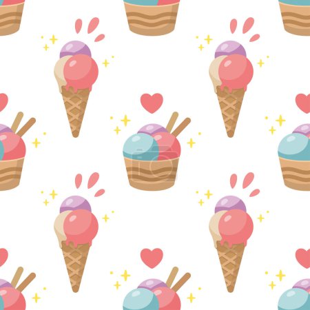Ice cream seamless pattern. Fast food illustration in cartoon style. Ice cream fabric texture. Ice cream illustration.