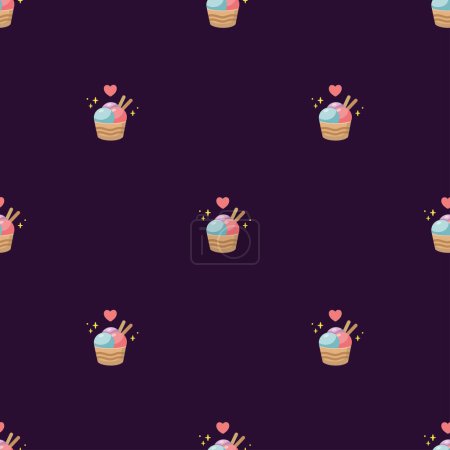 Ice cream in waffle cup seamless pattern. Fast food illustration in cartoon style. Ice cream fabric texture. Ice cream illustration. Dark theme background
