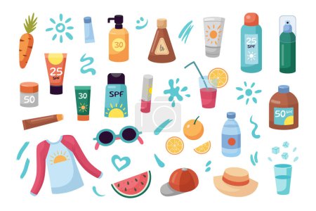 Illustration for Sun protection tips set. Sunscreen bottles, jars. Strokes of sunscreen cream strokes. Beach holidays concept. Flat design, cartoon SPF cosmetic products collection. - Royalty Free Image