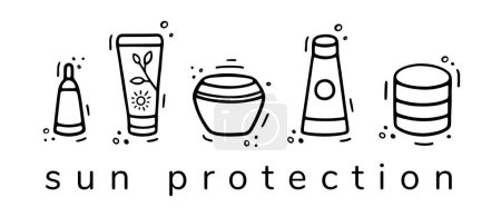Illustration for Sun protection set. Sunscreen bottles, jars, tubes. Beach holidays, sun bathing concept. Flat design, cartoon SPF cosmetic products collection. Hand drawn Doodle style - Royalty Free Image