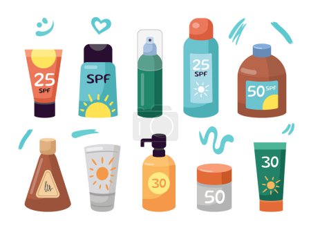 Sun protection, safe suntan products set. Sunscreen bottles, jars. Strokes of sunscreen cream strokes. Beach holidays concept. Flat design, cartoon SPF cosmetic products collection.