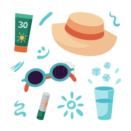 Sunstroke protection, sunscreen tips set. Sunscreen cream, lipstick, sunglasses, sun hat, water. Strokes of sunscreen cream strokes. Summer, Beach holidays concept. Flat design, cartoon style.